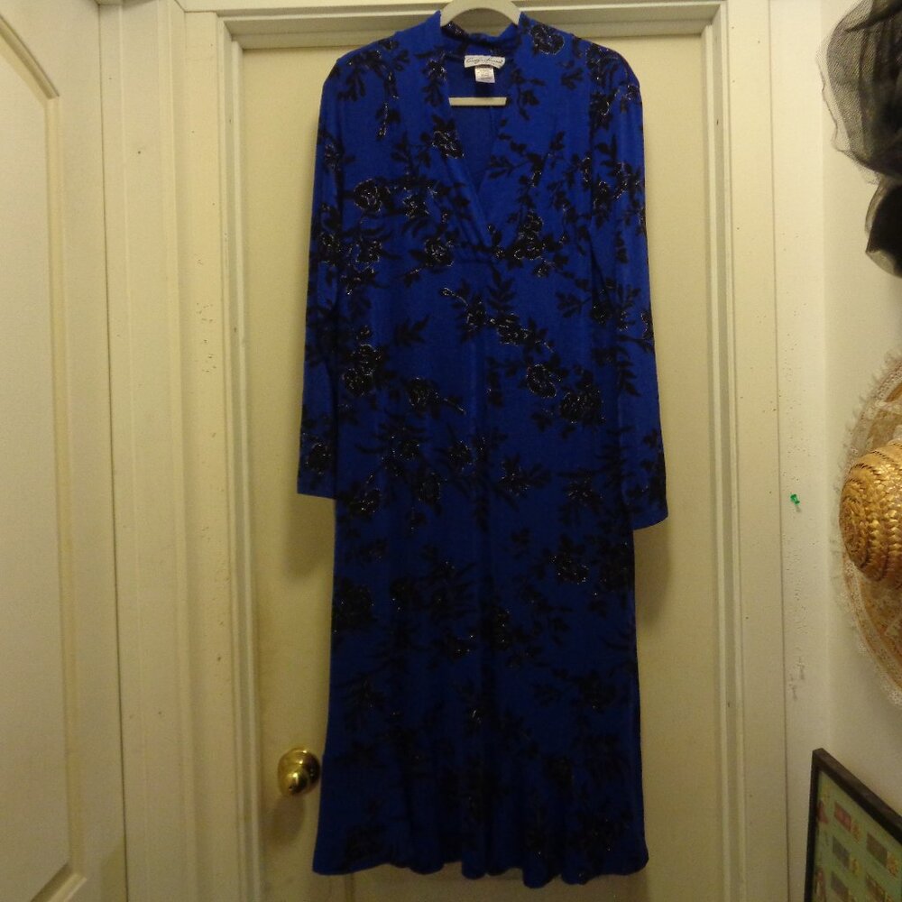 VINTAGE RICH GIRL CLASSIC BLUE & BLACK PRINT MAXI STRETCHY DRESS LG